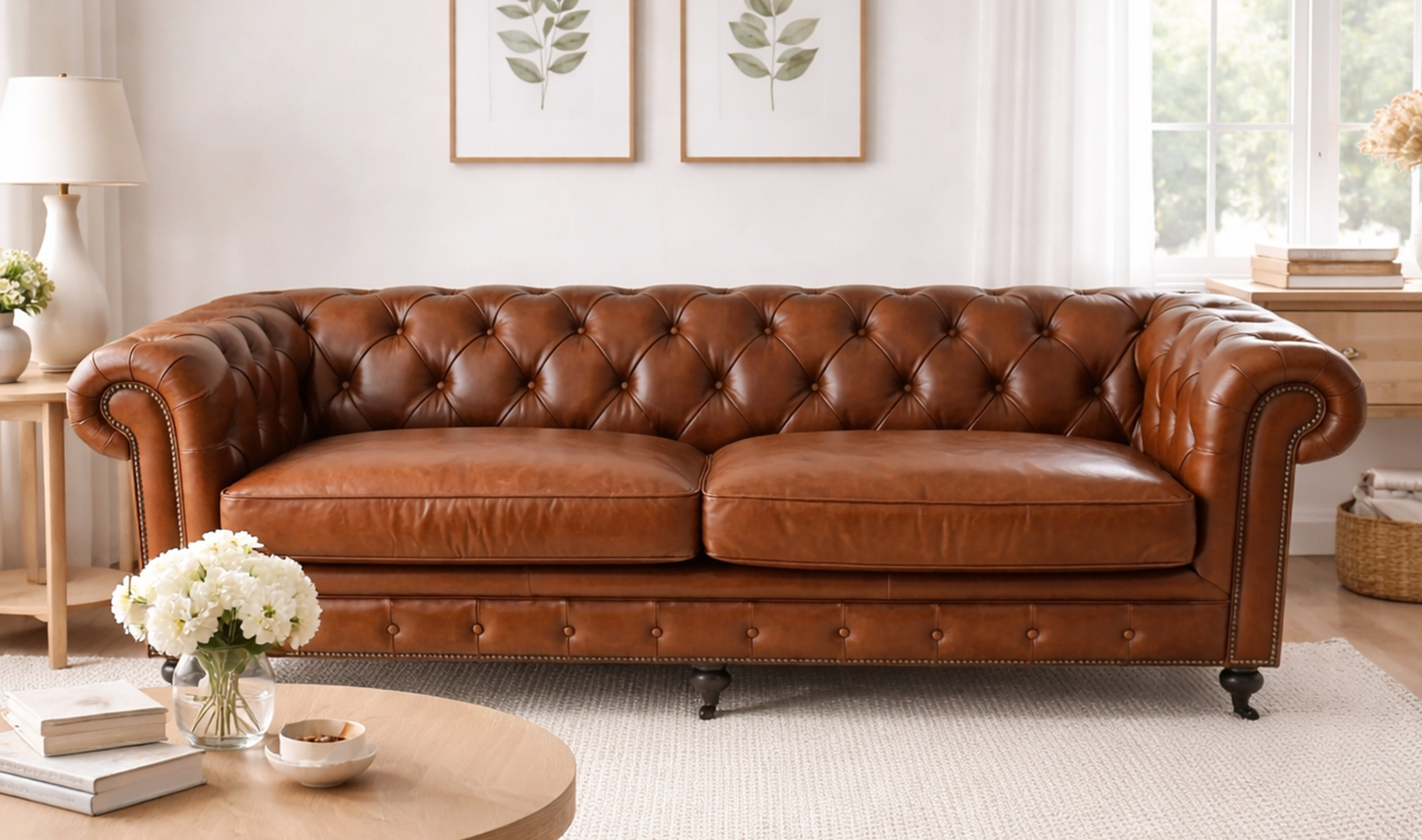 Classic tufted leather sofa in warm brown, styled with a light, modern interior.